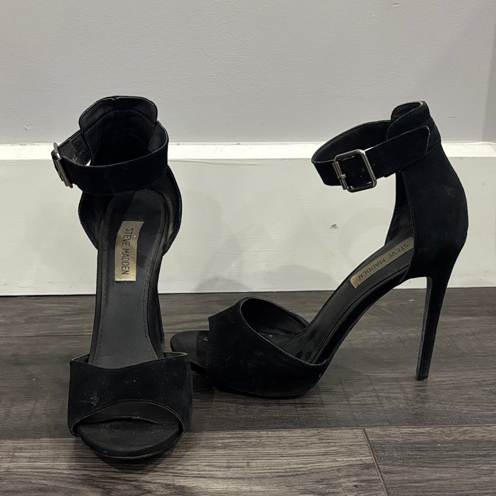 Steve Madden Black Suede Ankle-Strap Stiletto Heels